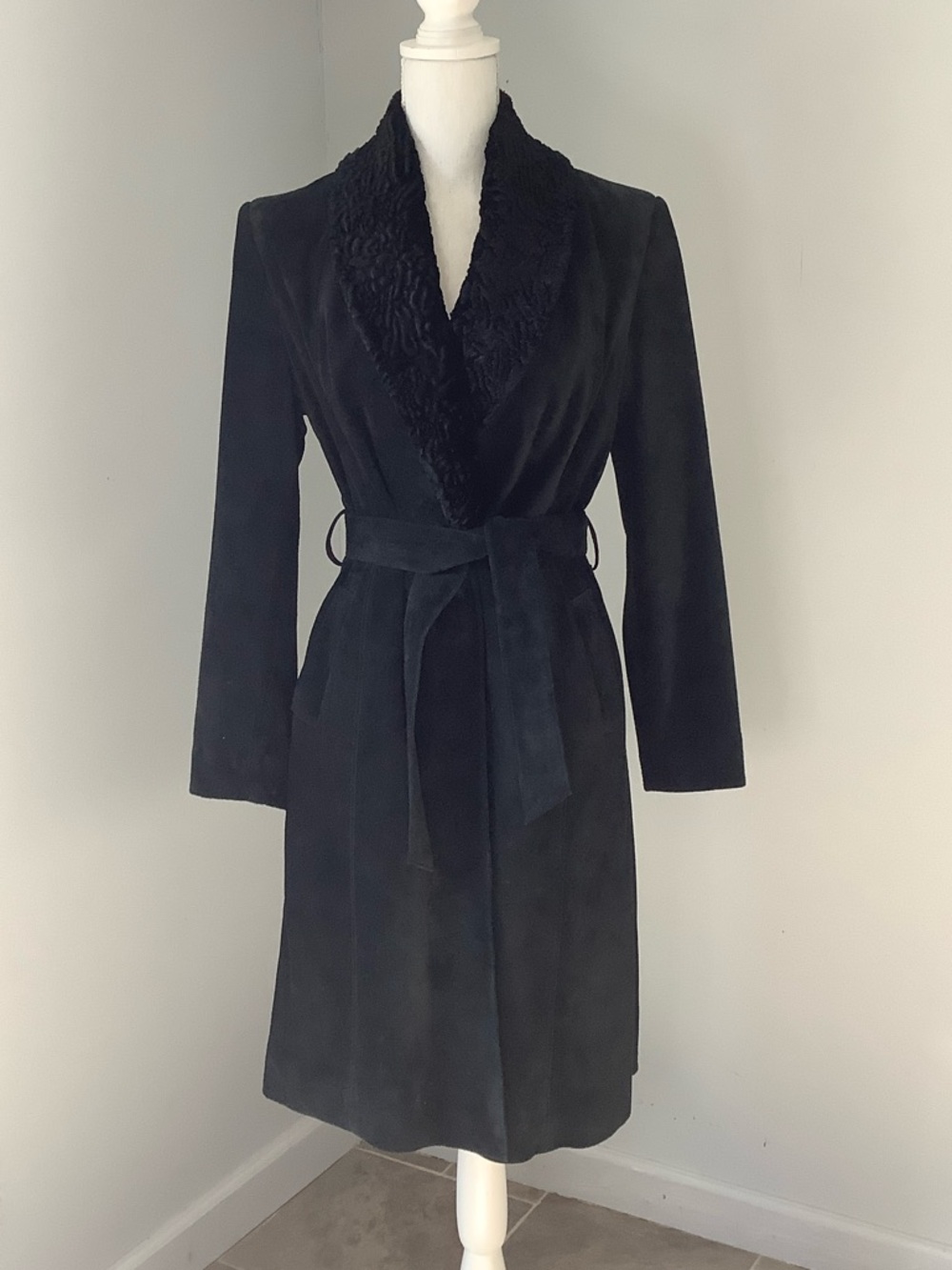 Valerie Stevens Black Suede Wrap Coat with Textured Shawl Collar